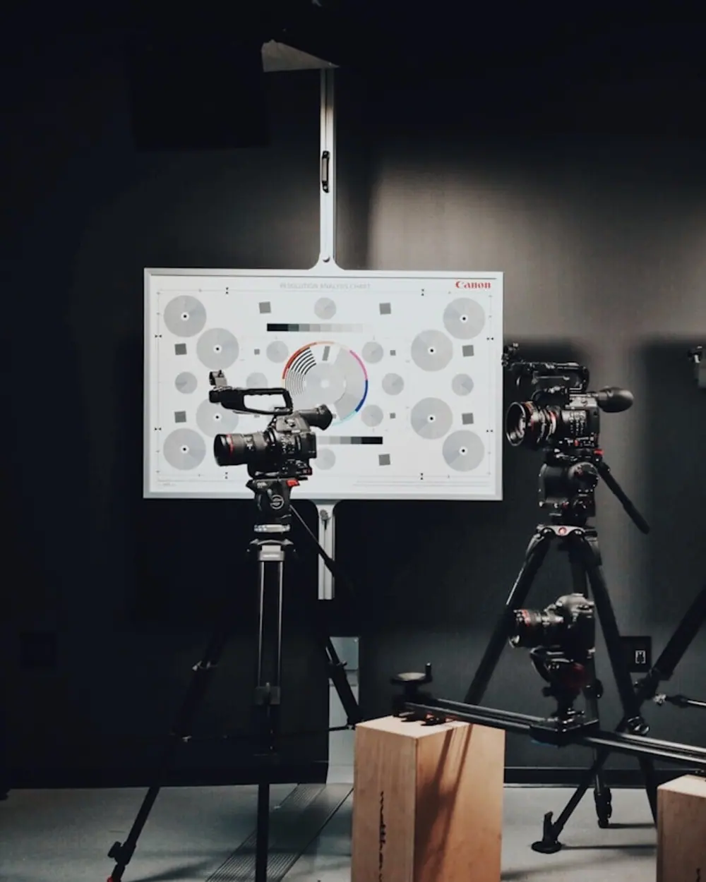 A camera and colour chart set up in the studio
